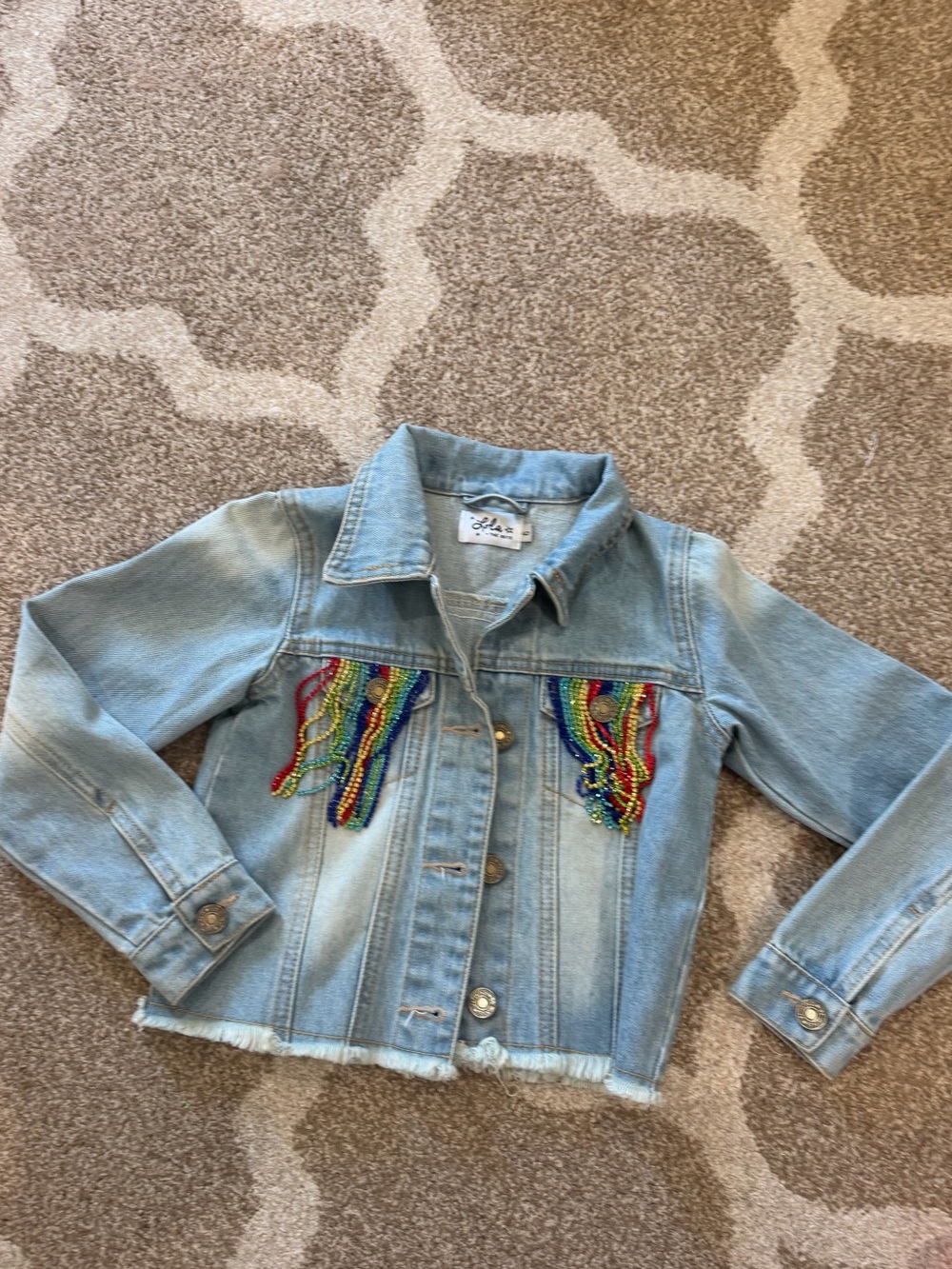 Girls Lola Denim Jacket with Rainbow rhinestone fringe